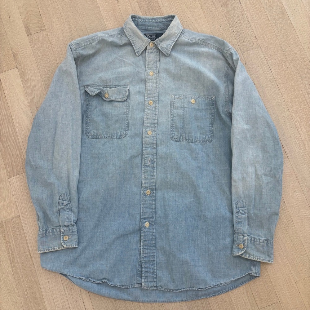 Polo Ralph Lauren Chambray Shirt Mens Medium Blue Good Missing Button Workwear